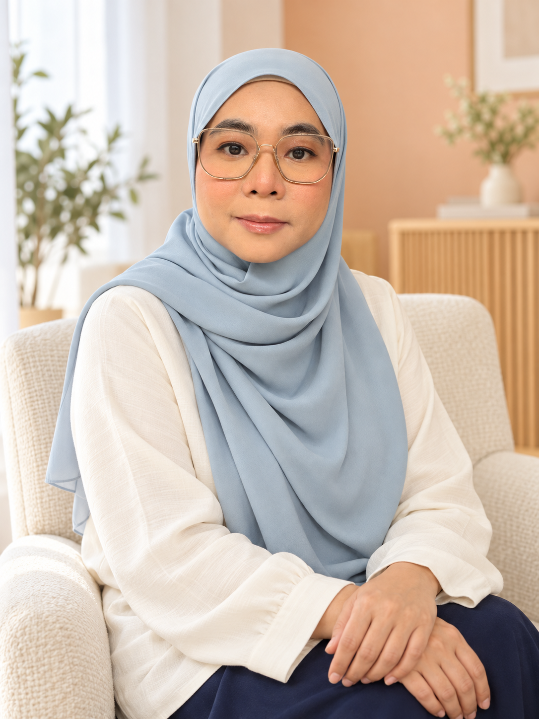 Potret Pn. Aishah Kassim, diolah dengan AI daripada gambar rujukan beliau