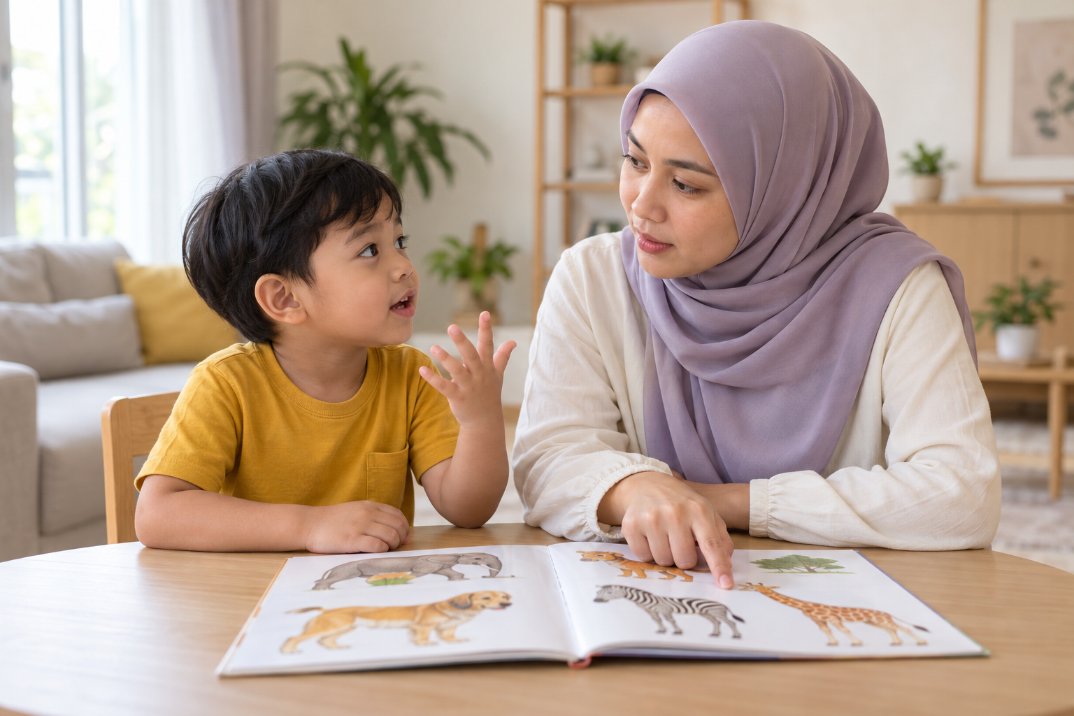 Ilustrasi AI ibu membimbing anak menyebut perkataan menggunakan buku bergambar