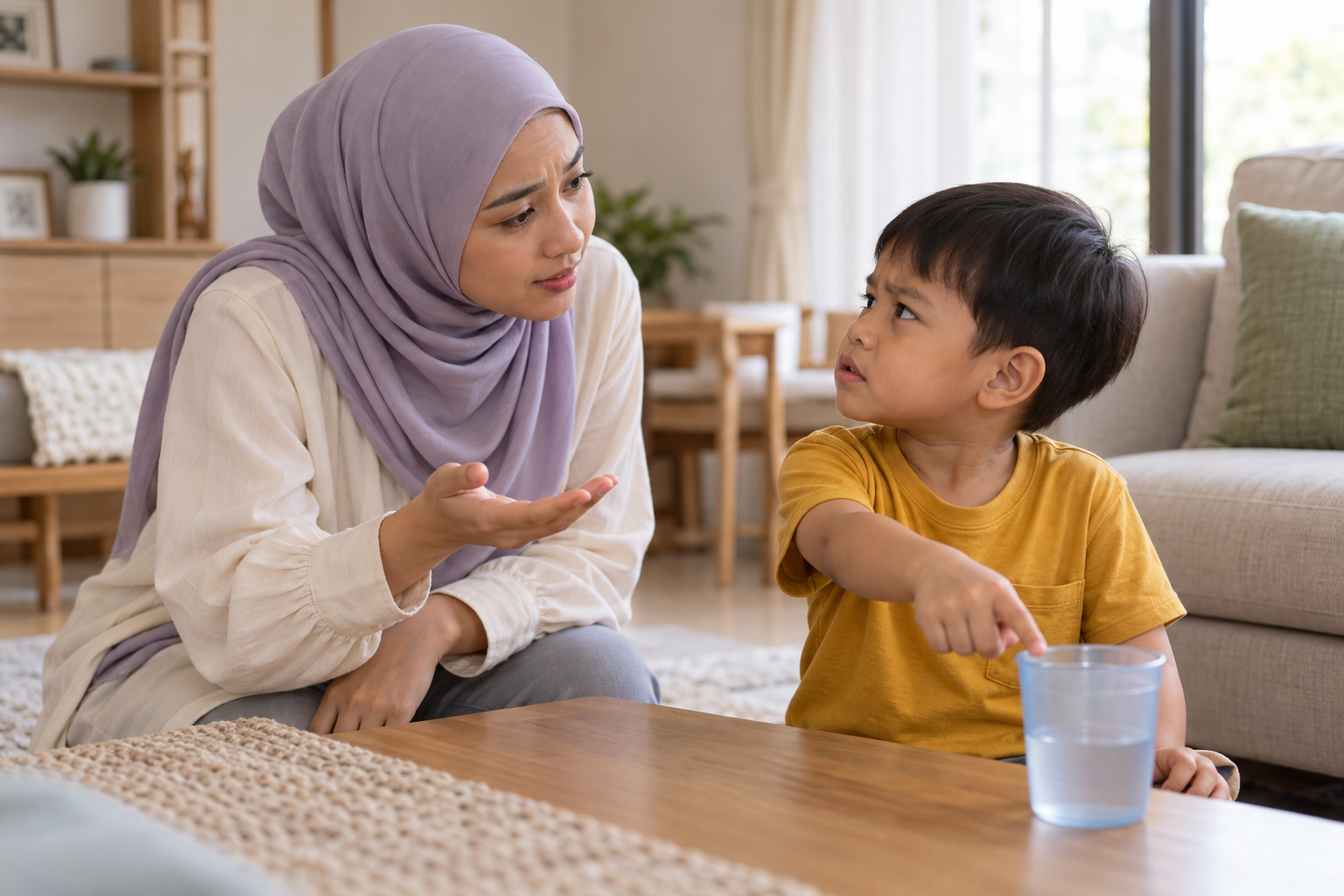 Ilustrasi AI ibu cuba memahami kehendak anak yang menunjuk ke arah cawan