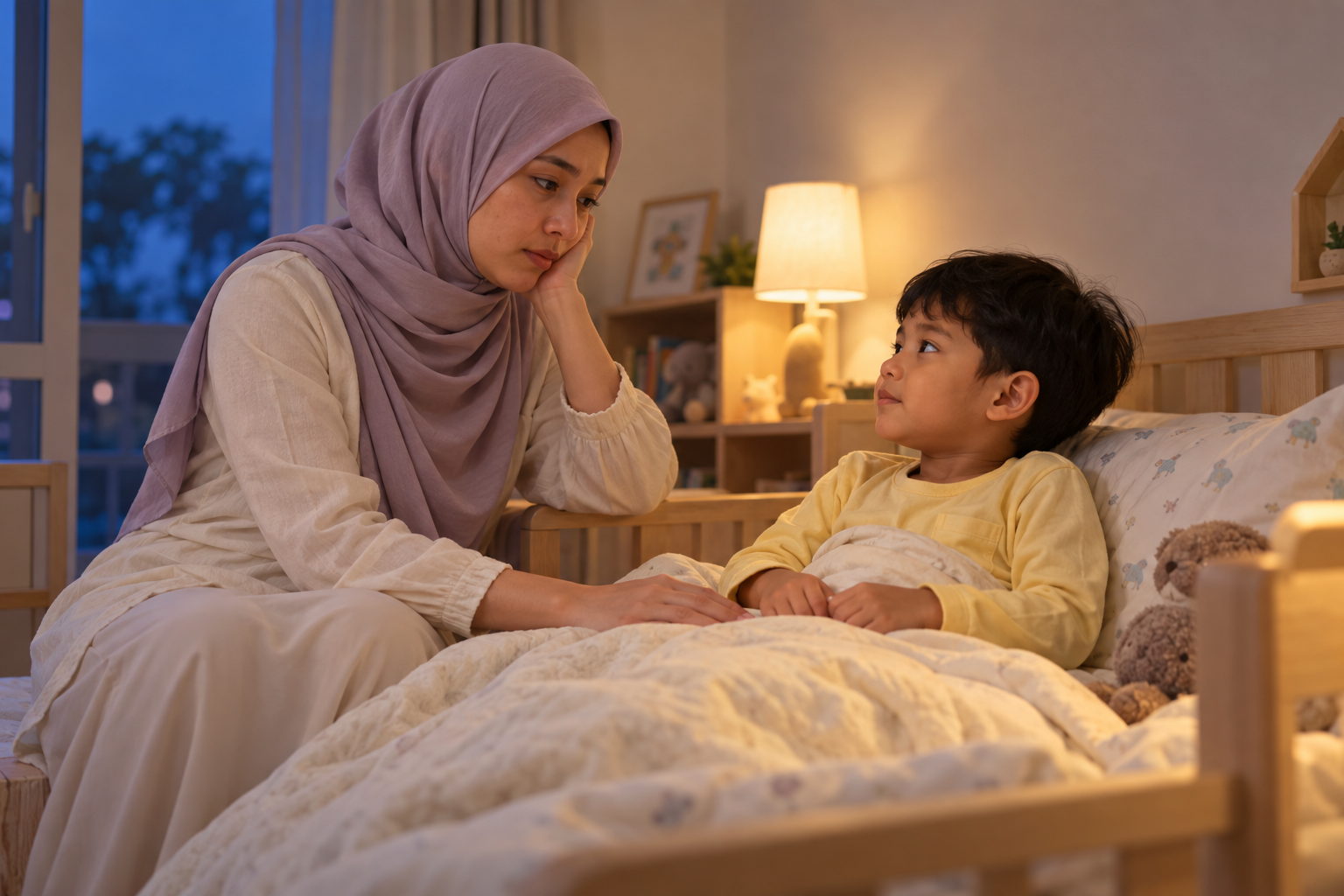 Ilustrasi AI ibu menemani anak yang masih berjaga pada waktu tidur